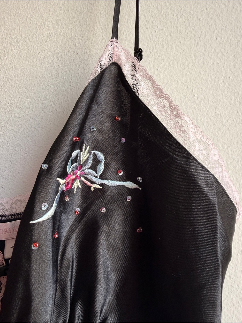 Victoria's Secret Black Slip with Pink Lace Embroidered Rhinestone Tie Front